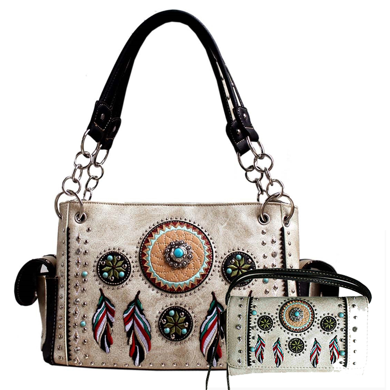 Beige Tribal Feather Embroidery Concealed Handbag Set - G939W148 - Click Image to Close